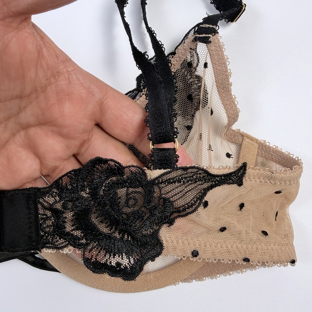 Victoria's Secret Tease Unlined Demi Bra Beige Black Polka Dot Mesh Lace 32D NWT - Picture 5 of 5